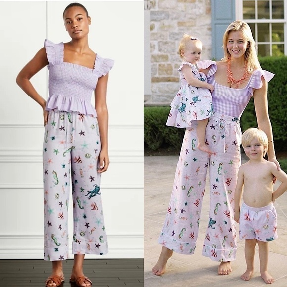 NWT HILL HOUSE Linen Lavender Lilac Ocean Animal Print Wide Leg High Rise Pant M - Picture 1 of 7